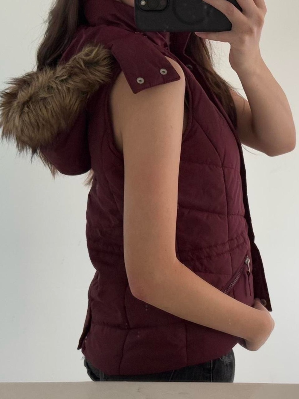 American Rag Sleeveless Quilted Puffer Vest with Faux Fur Hood - Burgundy